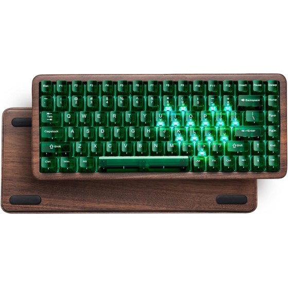 75% Mechanical Keyboard Wireless with QMK/VIA, WD75 V2 Wood Gaming Keyboard 8000mAh Battery, Tri-Mode Custom Key Board RGB Hot Swappable with Translucent Clear Keycaps-POM Linear Switch