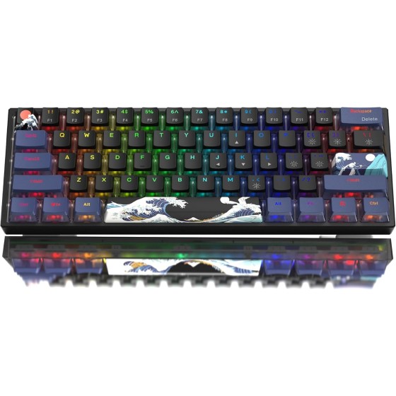 60% Percent Keyboard Gaming, WK61 V2 Creamy Mechanical Wired Keyboard Anime, Hot-Swappable RGB Key Board with PBT Keycaps for Windows PC Gamers - POM Linear Red Switch(Black Kanagawa)