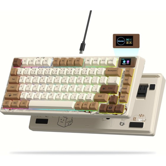 SK80 Retro 75% Keyboard with Color Multimedia Display Mechanical Gaming Keyboard, Hot Swappable Gasket Mount RGB Custom Key Board, Pre-lubed Stabilizer for Mac/Win,Coffee Cat
