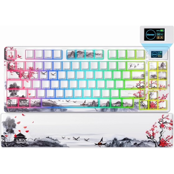 75% Wireless Mechanical Keyboard with Color Multimedia Screen Gaming Creamy Keyboard, Theme 3-Modes Hot Swappable Key Board w/Wrist Rest,SK80 PRO Gasket RGB Custom for Mac/Win,Red Plum