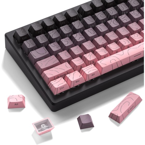 COSTOM Pink Grey Topographic keycap Sets Line Backlit Gradient keycaps Shine Through Keyboard Keys Side Printed Key caps Cherry Profile for 61/64/66/68/71/75/84/87 Mechanical Keyboards