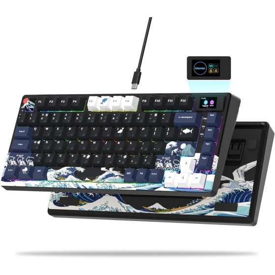 S-K80 75% Keyboard with Color Multimedia Display Mechanical Gaming Keyboard Creamy Sound, Wired Hot Swappable Gasket Mount RGB Custom Key board, Pre-lubed Stabilizer for Mac/Win, Black Kanagawa