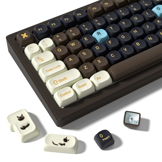 MOA Profile PBT Keycaps,132 Keys Janese Style Keycap Set with Cute Icons, Dye-Sublimation, MOA Profile,Cream Brown Theme for Most 60% 65% 75% 80% 100% US Layout Cherry MX Switches Mechanical Keyboard