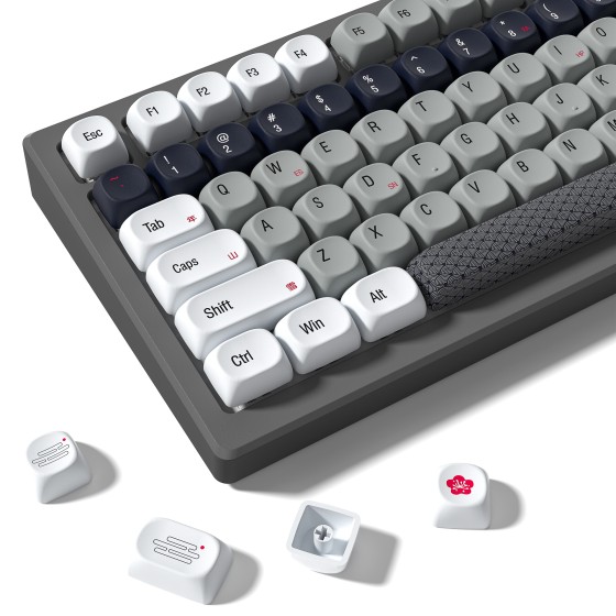 MOA Profile PBT Keycaps,132 Keys Janese Style Gray White Red Keycap Set, Dye-Sublimation, MOA Profile, Cute Anime Theme for Most 60% 65% 75% 80% 100% US Layout Cherry MX Switches Mechanical Keyboard